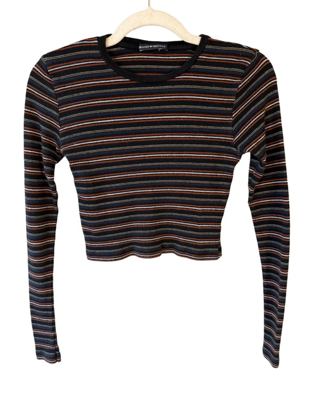Brandy Melville Black Multi-Stripe Long Sleeve Cropped Top Size XS Y2K Stretch - Picture 1 of 10